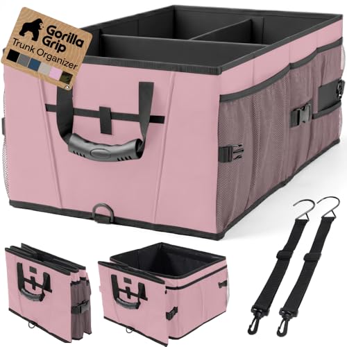 GORILLA GRIP Trunk Organizer for SUV and Cars, Large Capacity Collapsible Car Trunk Storage Organizer, Heavy Duty Car Accessories, Gifts for Mom and Dad, Slip & Water Resistant Multi Compartment, Pink - color: Pink