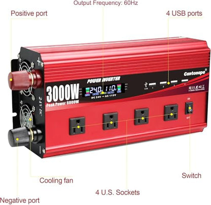Cantonape 3000W Power Inverter 24V to 110V/120V DC to AC with LCD Display, Remote Controller 4 x AC Outlets and 4 x 3.1A USB Car Adapter for Car Truck Boat RV Solar System - size: 3000W-24V