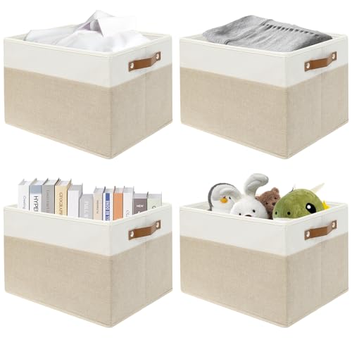 SNWDN 4 Pack Large Fabric Storage Baskets for Organizing Collapsible Fabric Storage Bins with Handles for Home and Office Organizing (White/Beige 15''Lx13''Wx13''H) - color: White/Beige, size: Rectangle (4 Pack 15''Lx13''Wx13''H)