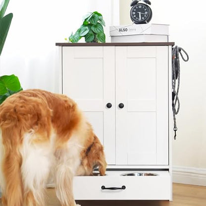 Pet Feeding Station, Dog Feeding Station, Dog Food Storage Cabinet, Pet Food Toy Organiser with 2 Elevated Bowls and Hook for Feeding and Drinking, White - size: Wood White