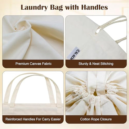 Canvas Laundry Bags with Handles & Square Base 13.8"Wx13.8"Dx27.6"H, Large Heavy Duty Laundry Hamper Bag, College Dorm Washable Drawstring Canvas Dirty Clothes Sack (Beige,1 Pack) - color: Beige 1-Pack | Square Base, size: 13.8"Wx13.8"Depthx27.6"H