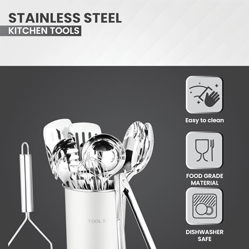 Avador® Premium Set of 10 Stainless Steel (WHITE HOLDER) Kitchen Tool Set with Holder Easy To Clean, Space Saving, Great for Cooking, Baking, Prepping (WHITE) - color: White
