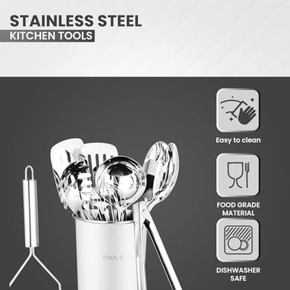 Avador® Premium Set of 10 Stainless Steel (WHITE HOLDER) Kitchen Tool Set with Holder Easy To Clean, Space Saving, Great for Cooking, Baking, Prepping (WHITE) - color: White