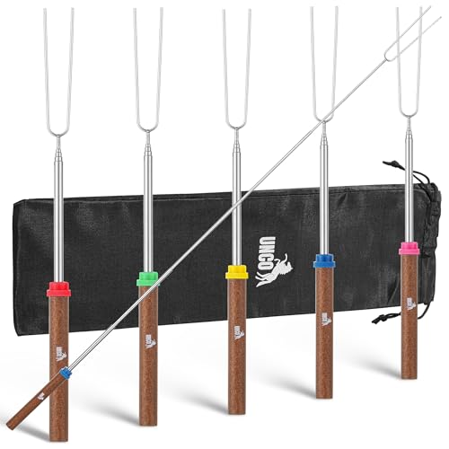 UNCO- Marshmallow Roasting Sticks, 32”, 5 Pack, Dark Brown Wooden Handle, Extendable Stainless Steel Smores Sticks for Fire Pit, Smores Skewers, Campfire Cooking Equipment - color: Dark Brown, size: 5 Pack