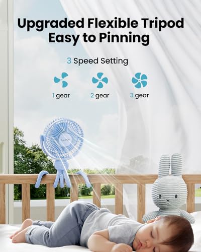 Gaiatop Mini Portable Stroller Fan, Battery Operated Small Clip on, Detachable 3 Speed Rechargeable, 360° Rotate Flexible Tripod Better Cooling for Car Seat Crib Treadmill Travel Blue - color: blue