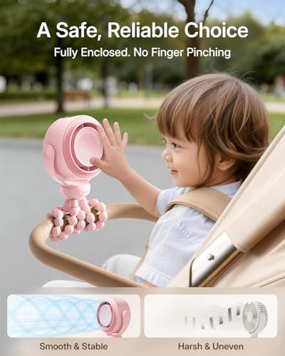 SWEETFULL Portable Stroller Fan, Pinch-Proof Baby Fan, 5-Speed Quiet Mini Clip on Fan, USB-C Rechargeable Battery, LED Display for Car Seat, Crib & Travel - Pink - color: Pink