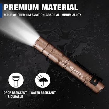 WORKPRO Rechargeable Pen Light, Mini Flashlight, 2 Pack Ultra-Compact EDC Flashlight, Pocket Flashlight with Clip, Memory Function and 2 x USB C Cable Included, Brown - color: Brown