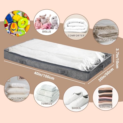 2 Pack 100L Low Profile Under Bed Storage Containers,4 Inches High Lightweight Underbed Storage NO STRUCTURE,Large Foldable Underbed Cloth Storage Bags for Blanket Fits Under Sofa,Couch,Grey