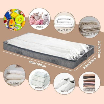 2 Pack 100L Low Profile Under Bed Storage Containers,4 Inches High Lightweight Underbed Storage NO STRUCTURE,Large Foldable Underbed Cloth Storage Bags for Blanket Fits Under Sofa,Couch,Grey