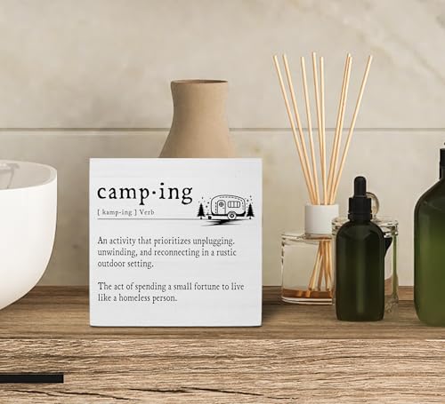 Ku-Dayi Camper Decor for Inside, Funny Camping Definition Wooden Box Sign, Camping Signs Wood Box Decorations for Camper RV Trailer, Camping Wooden Block Plaque Desk Shelf Decor 5x5 Inch