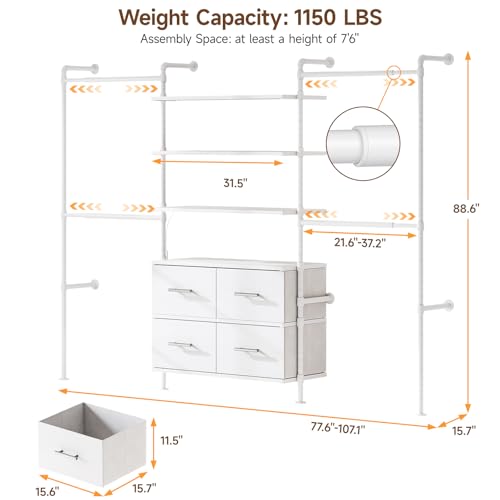 T3 Closet System with Stepless Dimmable LED Light, Industrial Pipe Clothing Rack with 4 Drawers, 6 Wooden Shelves & 4 Telescopic Rods, Heavy Duty Closet Organizers in Wardrobe Closet (White) - color: White