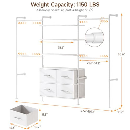 T3 Closet System with Stepless Dimmable LED Light, Industrial Pipe Clothing Rack with 4 Drawers, 6 Wooden Shelves & 4 Telescopic Rods, Heavy Duty Closet Organizers in Wardrobe Closet (White) - color: White