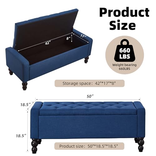 50" W Storage Ottoman Bench with Safety Hinge, Load up to 660 lb Ottoman with Storage, Upholstered Tufted Entryway Bench with Seating for Living Room, Bedroom, Entryway, Blue - color: Blue