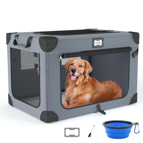 42 Inch Soft Dog Crates, Collapsible Dog Travel Crate for Extra Large Dogs Indoor & Outdoor, 3-Door Foldable Pet Kennel with Mesh Windows, Soft Blanket and Foldable Bowl - color: Blue-X