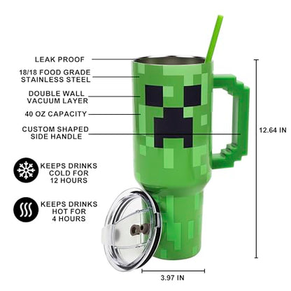 Bioworld Minecraft Creeper Ultimate 40 Oz. Stainless Steel Tumbler With Pixelated Handle - color: Minecraft Creeper Ultimate Green