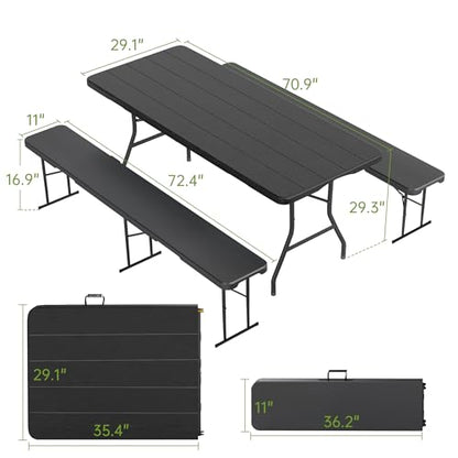 Real Relax 6' Picnic Table with 2 Benches, 3 Piece Black Wood Grain Portable HDPE Folding Camping Table and Benches for Courtyard, Garden, Outdoor Leisure, Party - color: Black