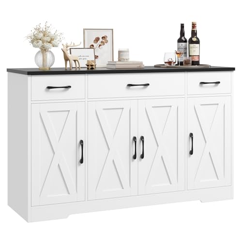 HOSTACK Buffet Sideboard Cabinet with Drawers, 55" Large Buffet Storage Cabinet with Shelves and Doors, Modern Farmhouse Coffee Bar Station Wood Kitchen Table for Kitchen, Dining Room, White/Black - color: White/Black