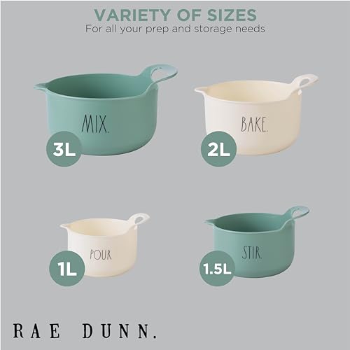 Rae Dunn Non-Slip Mixing Bowls - 4 Piece Nesting Plastic Mixing Bowl Set with Pour Spouts and Handles-Measurement Markings (Sage) - color: Sage