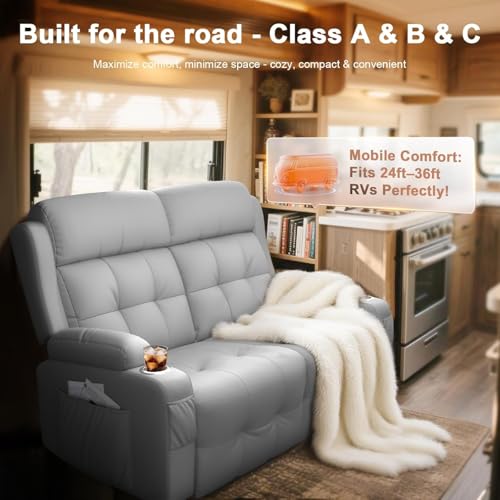 Reclining Loveseat, 55.1" RV PU Leather Wall Hugger Recliner Love Seats Sofa with Charging Station, Removable Armrest, Cup Holder, Double Recliners Couch, Manual Love Seat for Living Room - color: Light Gray, size: Hera - Loveseat