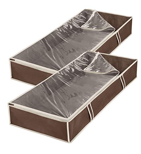 Whitmor Under Bed Storage Bags 2 Pack, Zippered Underbed Storage Containers with Clear Window and Handles, Foldable Clothes Blanket Storage Organizer, 18 x 42 x 6 Inches, Java