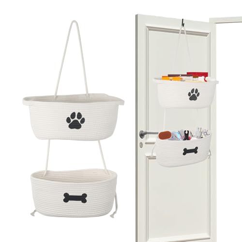 2-Tier Dog Baskets,Over Door Hanging Oganizer for Pet Stuff with Metal Hooks,Cotton Rope Wall-Mounted Storage Organizer for Dog Leash/Harness/Small Toys/Trash bag - Beige - color: Beige