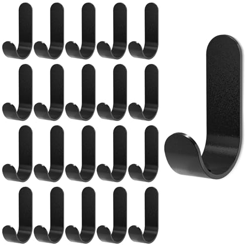 20Pcs Black 3m Adhesive Hooks, Heavy Duty Hook, Black Wall Hanger for Hanging, Large Metal Sticky J Strip Hooks, for Hat, Coat, Picture, Backpack, Garage Hanging