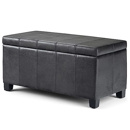 SIMPLIHOME Dover Storage Ottoman Bench - 36 inch Wide Upholstered Vegan Leather Rectangular Lift-Top Ottoman in Distressed Black, Contemporary Bench for Living Room with Safety Hinges - color: Distressed Black