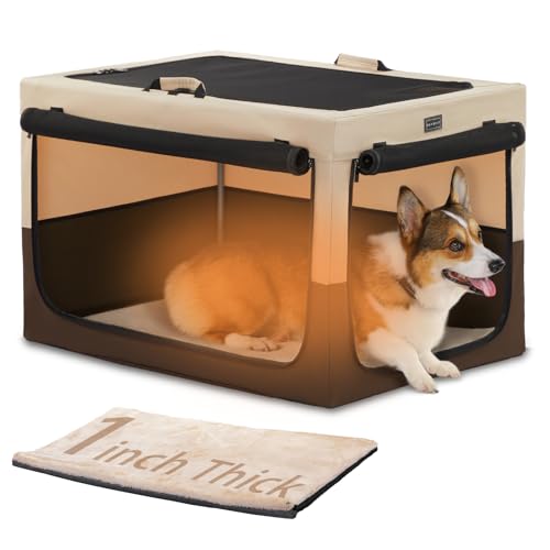 PETSFIT Portable Dog Crate for Medium Dogs, – 30" Soft Dog Travel Crates with Lockable Zippers & Thicken Mat, Adjustable Patented Spiral Steel Frame, Collapsible Kennel for Indoor & Outdoor - color: Brown(With Mat), size: 30.0"L x 20.0"W x 19.0"H