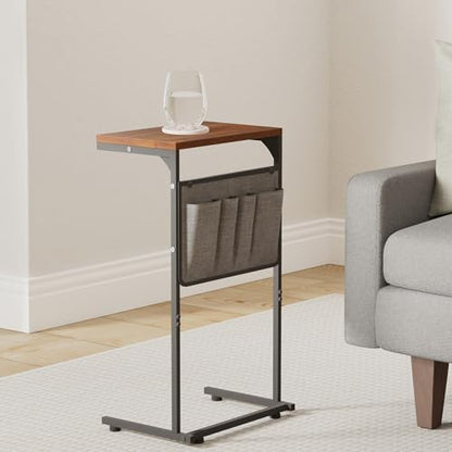 Vantic C Shaped End Table Set of 2, Small Side Table for Couch and Recliner, Slide Under Sofa Tray Desk with Storage Bag for Living Room and Bedroom, Rustic Brown - color: Rustic Brown
