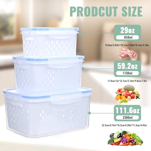 3 PCS Fruit Storage Containers for Fridge Food Berry Storage Container Set with Removable Strainer Lid Berries Container for Fridge BPA-Free Plastic Crisper for Long-Term Freshness
