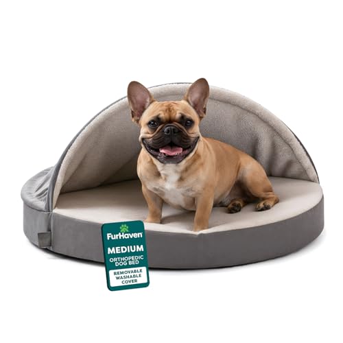 Furhaven 26" Round Orthopedic Dog Bed for Medium/Small Dogs w/ Removable Washable Cover, For Dogs Up to 30 lbs - Sherpa & Suede Snuggery - Gray, 26-inch - color: Gray, size: Medium