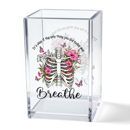 It's Okay Only Breathe Acrylic Cosmetic Pencil Pen Holder Cup, Skeleton Desk Organizer Accessories for Office, Inspirational Gifts for Women Girl Coworker Therapist Teacher Respiratory Doctor - style: Breathe B
