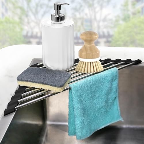 Corner Dish Drying Rack, Kitchen Sink Caddy Sponge Holder, Triangle Over The Sink Dish Drying Rack for Kitchen Counter, Roll Up Dishes Drainer Mat RV Essentials Organization and Storage Shelf, Black - color: Black