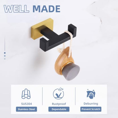 Angle Simple Double Towel Hook Black & Gold, Stainless Steel Bathroom Towel Holder, Coat Robe Hook Wall Mount - color: Black & Gold, size: 1 Pack