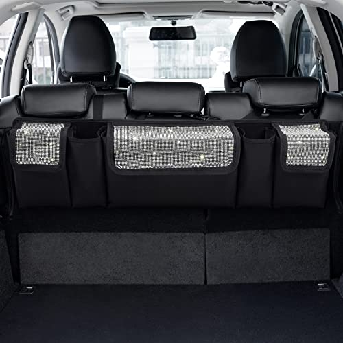 eing Car Trunk Organizer and Storage, Backseat Hanging Organizer for SUV, Truck, MPV, Waterproof, Collapsible Cargo Storage Bag with 5 Pockets, Bling Car Interior Accessories for Women,White - color: White