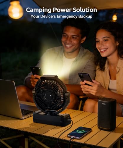 KopBeau Portable Camping Fan with Lights, 20000mAh Rechargeable Battery Operated Fan, Battery Powered Outdoor Beach Tent with 4 Speeds & Hook, Personal USB Table for Camping Accessories - size: Large