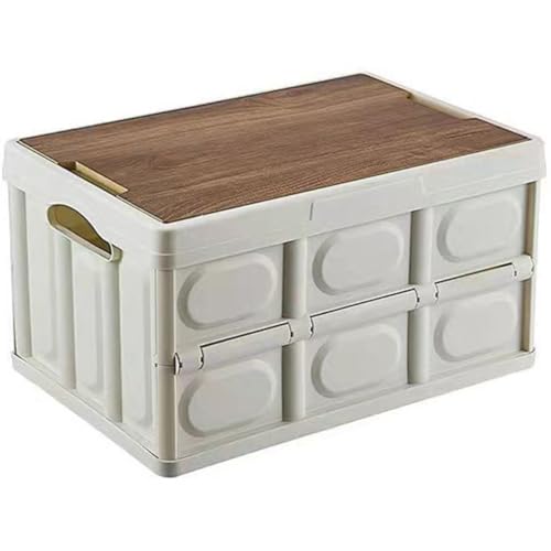 PRETYZOOM Foldable Outdoor Storage Box with Wooden Lid Medium White, Large-capacity Clothes Organizer and Camping Storage Container for Vehicle and Home Use