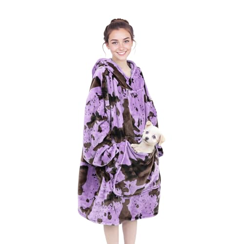 cow print Purple Wearable Blankets for Women - Purple Gifts for Mom Girlfriend, Oversized Cozy Flannel Fleece Blanket Hoodie with Hood Pocket & Sleeves - color: Black Purple, size: Adult