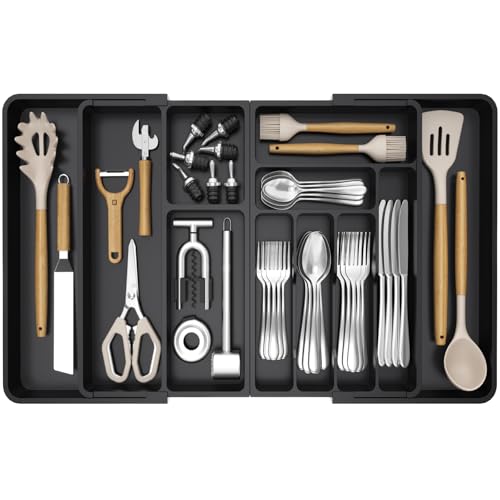 Lifewit Utensil Organizer for Kitchen Drawer, Expandable Cooking Silverware Tray, Adjustable Cutlery Flatware Holder, Plastic Spatula Tools Storage Divider, 21.3- 36 x 16.9", Black - color: Black, size: 21.3-36 × 16.9 × 1.8 inch (3X-Large)