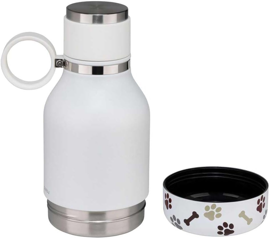 asobu Buddy Bottle, a Stainless Steel Insulated Water Bottle with Removable Dog Water Bowl and Dog Food and Treat Storage plate (White, 37 oz Water Bottle with 2 Bowls) - color: White