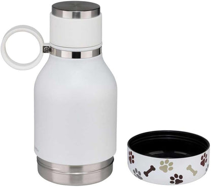 asobu Buddy Bottle, a Stainless Steel Insulated Water Bottle with Removable Dog Water Bowl and Dog Food and Treat Storage plate (White, 37 oz Water Bottle with 2 Bowls) - color: White