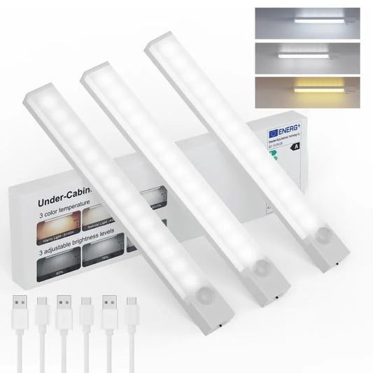 Under Cabinet Lighting 8 Inches Rechargeable Motion Sensor Light Indoor, 3 Color Dimmable Closet Light Battery Operated, USB Stick on LED Magnetic Under Counter Lights for Kitchen Stair, 3 Packs - size: 8inch-3pack