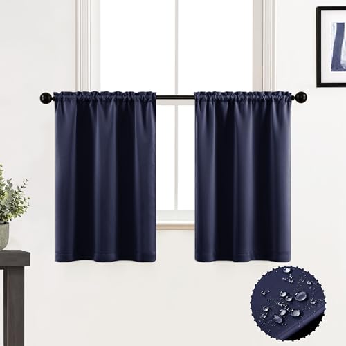 Navy Blue Curtains for Kitchen & Bathroom Windows - Waterproof Blackout, 24 Inch Length - color: Navy, size: 30"W x 24"L (Pack of 2)