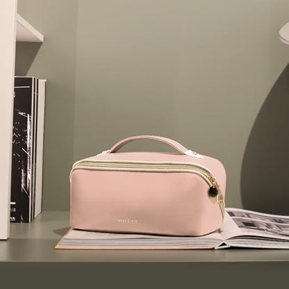 Prite Makeup Bag for Women Travel Waterproof Vegan Leather Cosmetic Bag Open Flat Toiletry Bag With Clear Divider and Handle (Pink, Large) - color: Pink, size: Large