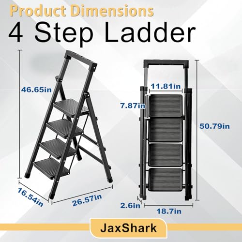 4 Step Ladder with Handrail Folding Step Stool with Tool Tray | 500LBS Capacity Sturdy Carbon Steel Frame Anti-Slip Stripe Pedal for Home Kitchen Garage (black-4step) - color: Black-tool, size: 4 step