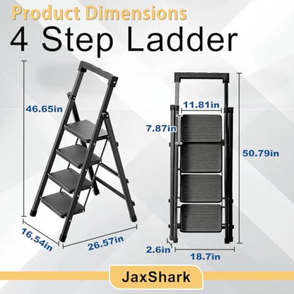 4 Step Ladder with Handrail Folding Step Stool with Tool Tray | 500LBS Capacity Sturdy Carbon Steel Frame Anti-Slip Stripe Pedal for Home Kitchen Garage (black-4step) - color: Black-tool, size: 4 step