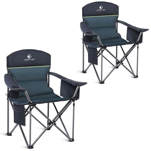 ALPHA CAMP Heavy Duty Camping Chair 500LBS Capacity, Oversized Folding Chair for Heavy People, Padded Portable Outdoor Chair with Cooler Bag & Cup Holder for Camping, Fishing, Beach - color: Green-2pc, size: 2PC