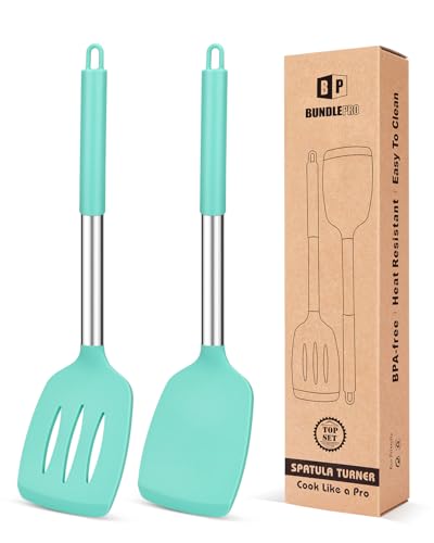 Pack of 2 Silicone Solid Turner, Non Stick Slotted Kitchen Spatulas, High Heat Resistant BPA Free Cooking Utensils, Ideal Cookware for Fish, Eggs, Pancakes(Green) - color: Green