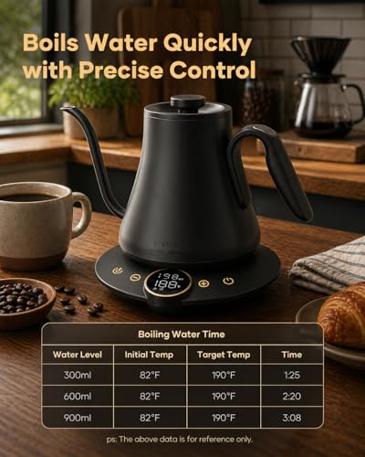 Cocinare Gooseneck Electric Kettle, ±1°F Precise Temperature Control, 1500W Fast Heating, Pour Over Coffee & Tea Kettle with Brew Timer & Keep Warm, Stainless Steel, 0.9L (Matte Black) - color: Matte Black