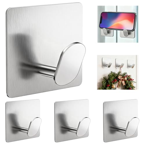 Adhesive Shower Hooks Heavy Duty Metal, Brushed Nickel Towel Hooks Stick On Wall Hanger for Hanging Coat, Hat, Robe Hook for Bathroom Kitchen Decorations, 304 Stainless Steel (4 Packs) - color: Brushed Nickel